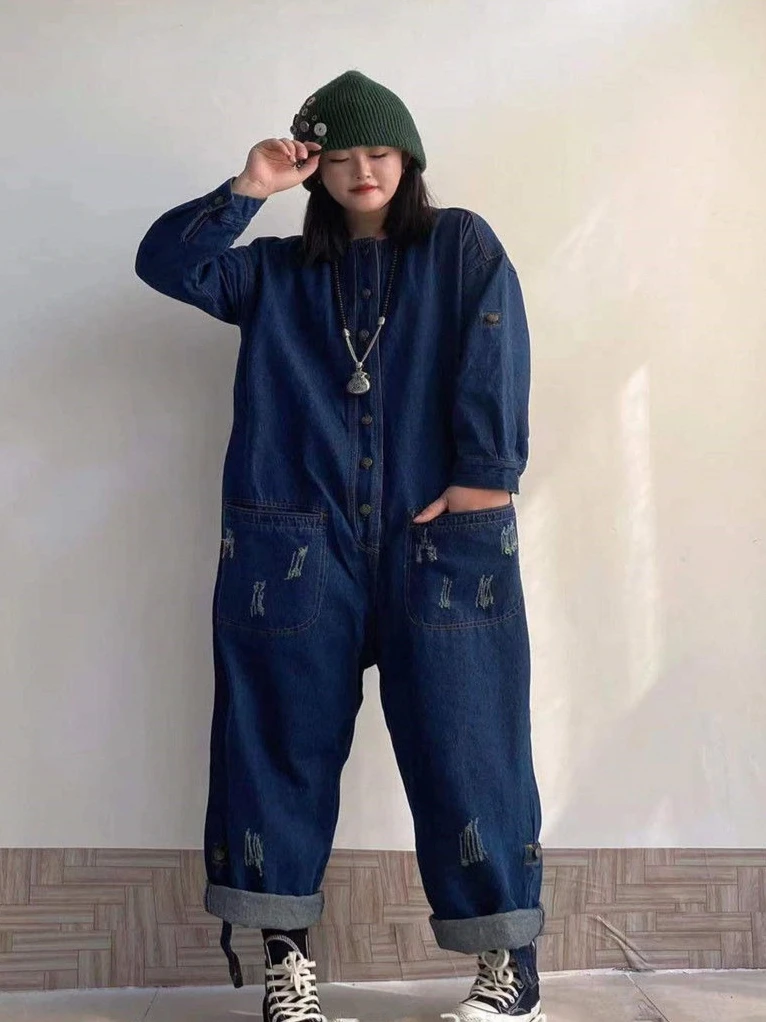 春と秋の新しい女性のカウボーイジャンプスーツ通勤ハイウエスト作業服ジャンプスーツ