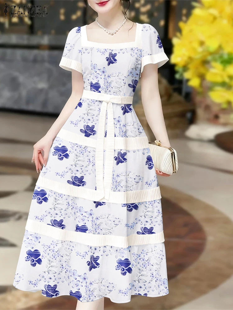 

ZANZEA Women Elegant Floral Print Midi Dresses Fashion Square Neck Short Sleeve Bow Detail Jacquard Paneled Fit and Flare Dress