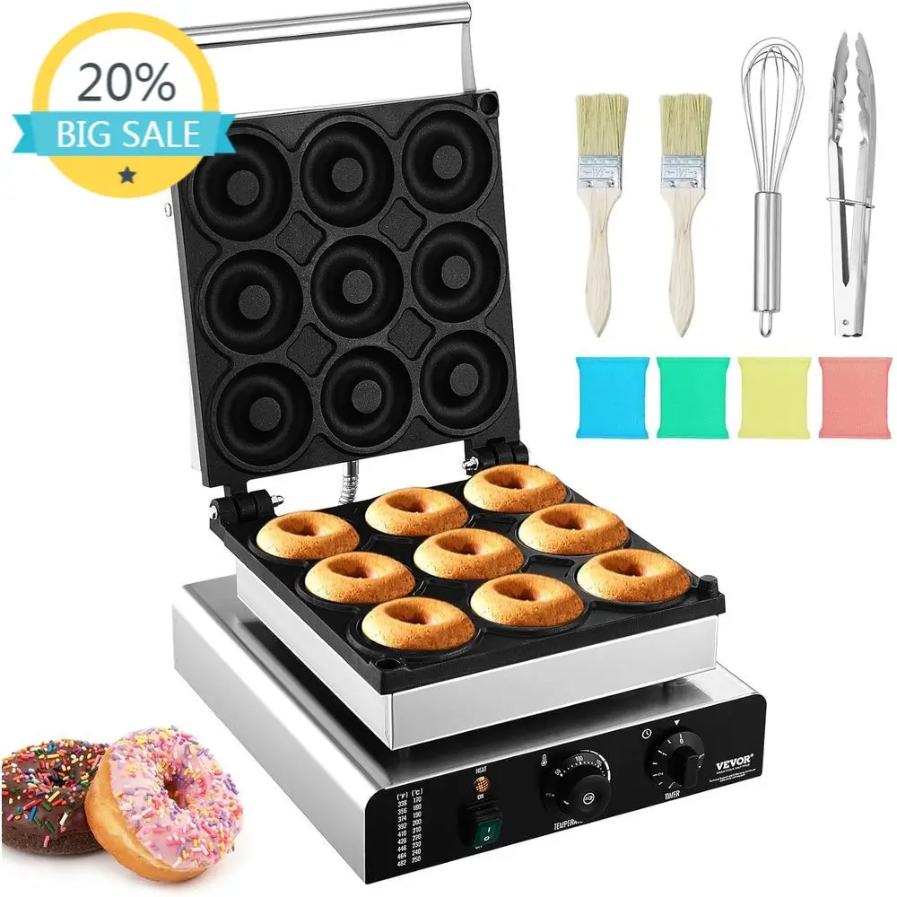 

Commercial Grade 2000W 9-Hole Double-Sided Non-Stick Donut Maker, Adjustable Temp 122-572℉, Ideal for Home and Restaurant Use