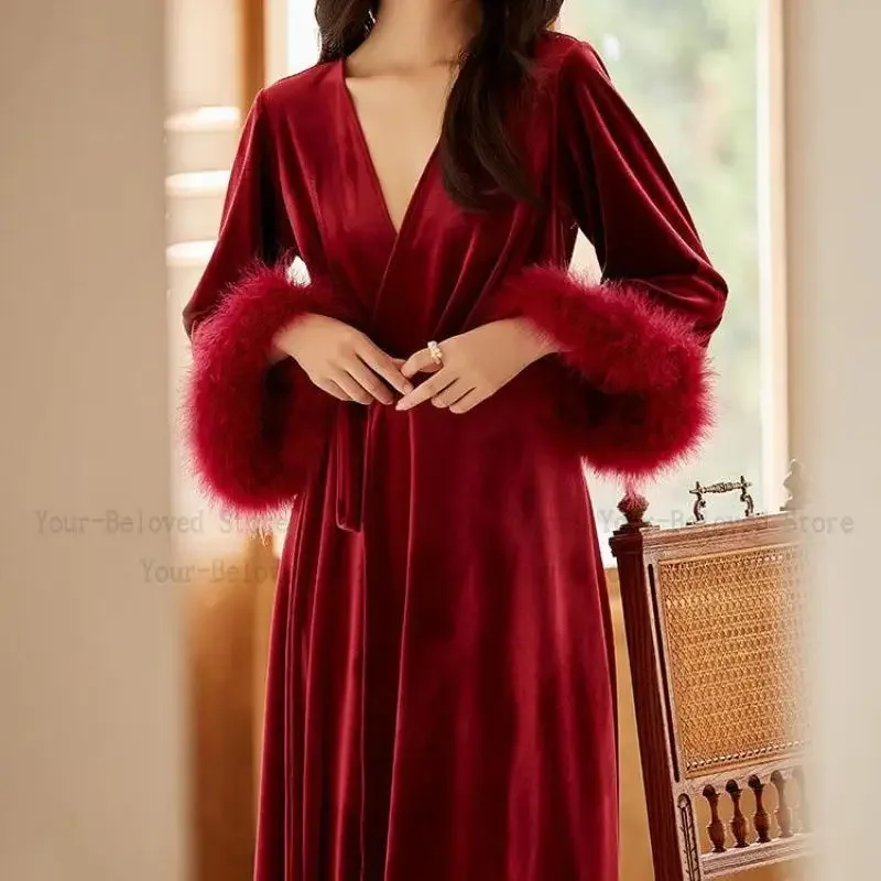 

Winter Warm Velour Kimono Robe Elegant Feather Sleeve Vestidos De Novia Manga Larga Long Sleepwear Peignoire Nightdress