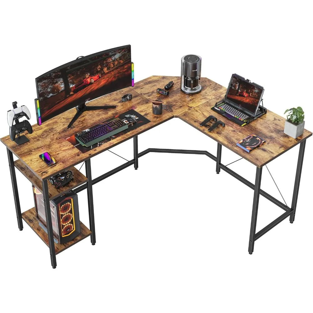 مكتب زاوية على شكل حرف L قابل للعكس مقاس 59.1 بوصة مع أرفف تخزين، مكتب دراسة ألعاب للكتابة في المكتب المنزلي باللون البني الدافئ