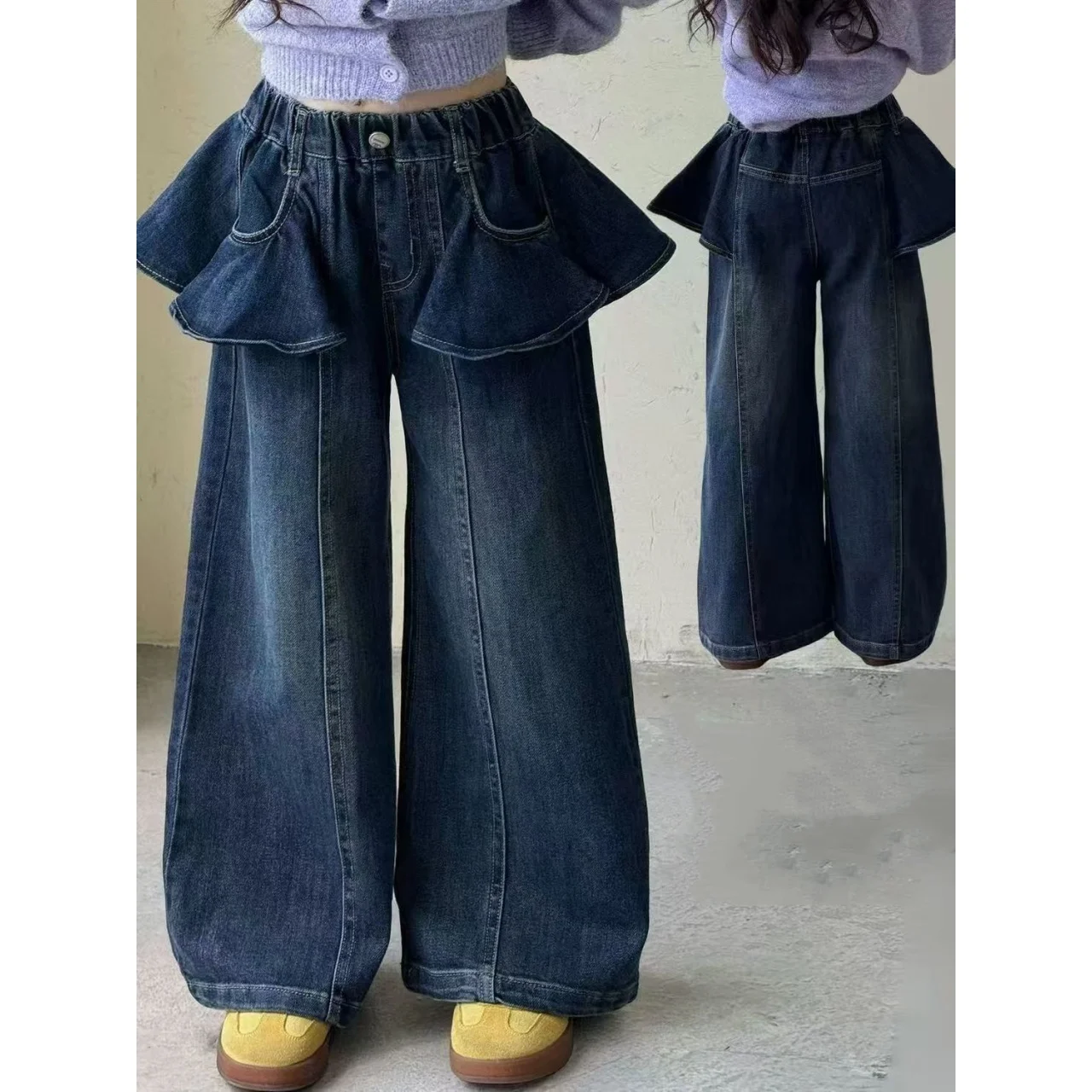 

Girls' Jeans 2026 Autumn New Version Ruffled Fart Curtain Mid Size Children's Western-style Straight Leg Casual Wide Leg Pants