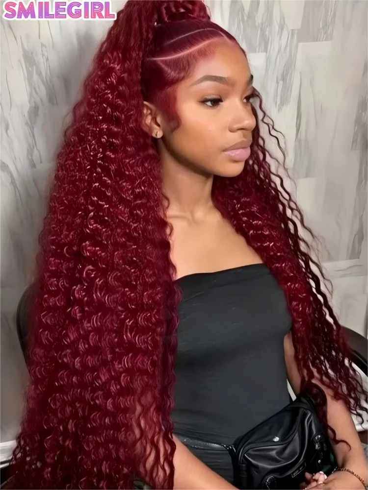

99J Бургундский парик из натуральных волос с HD-кружевом 13x6, цветной, кудрявый, глубокая волна, с предварительно выкнутой линией роста, плотность 250, 30 дюймов, для женщин
