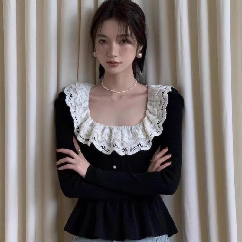 Pullovers Women Vintage Ruffles Square Collar Spring Autumn Chic Knit Sweaters Tender French Style Femininie Aesthetic Clothes