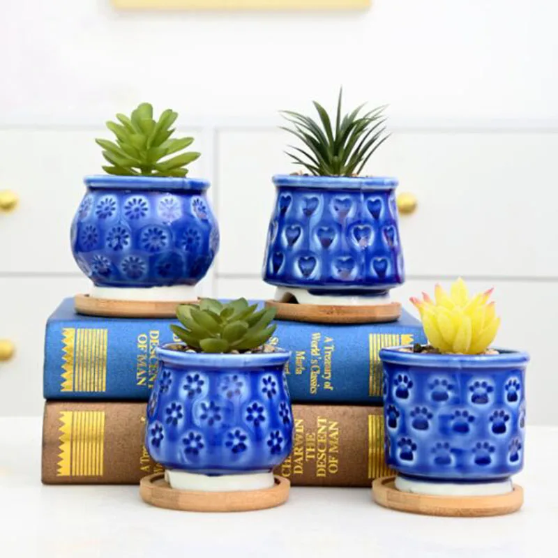 4Pcs/Set Porcelain Blue Color Signet Pattern Succulent Plant Pot Breathable Flowerpot Bonsai Vase Gardening Planter Home Decor