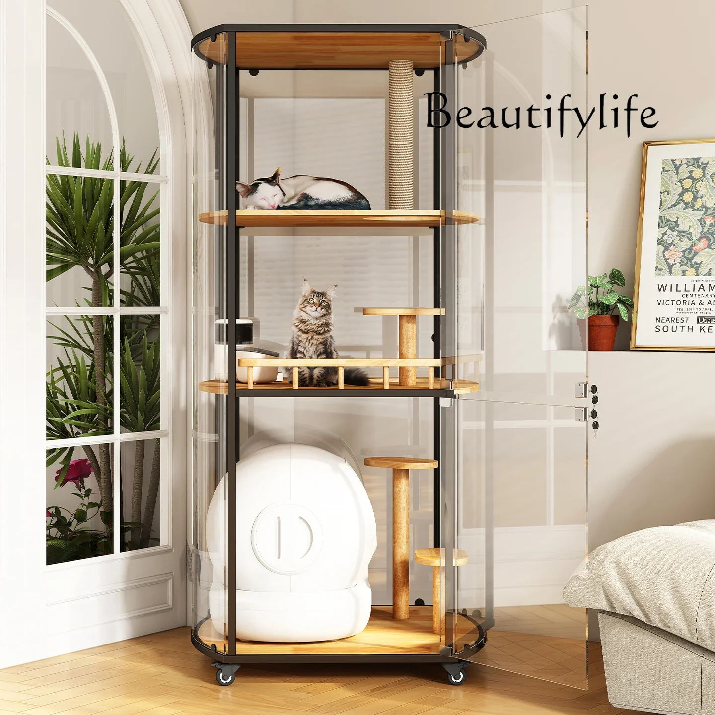 R Large Cat Luxury Cat Villa Panoramic Curved Glass Cage Solid Wood Home Designer Premium
