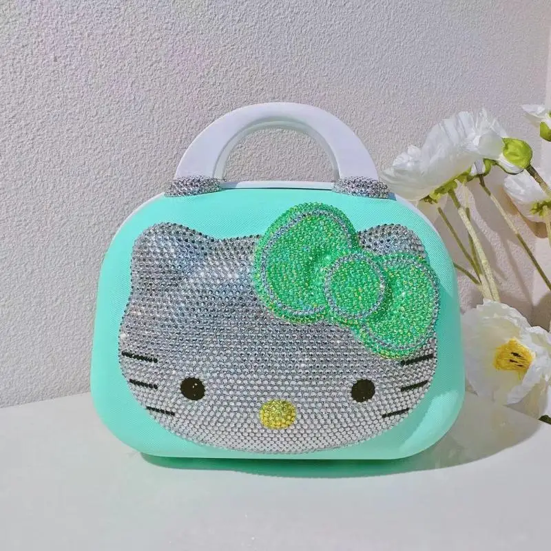 Olá kittys strass mala portátil sanrio kawaii criatividade caixa de presente festival lembranças 12 polegadas caso cosmético mala