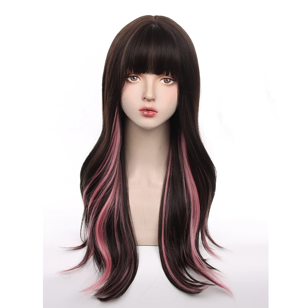 شعر مستعار طويل مستقيم أسود أومبير وردي مقاوم للحرارة مع لوليتا صناعية للنساء للحفلات التنكرية يوميًا