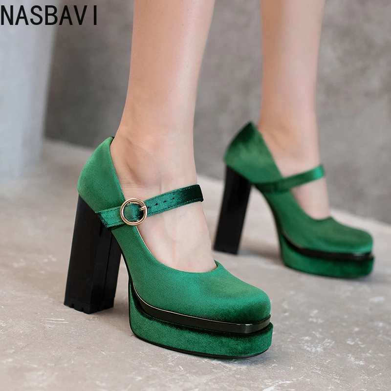 

Scrub Flock Waterproof Platform Breathable High Heels Ultra-High Thick Heel Metal Buckle Velvet Material Classical Women's Pumps
