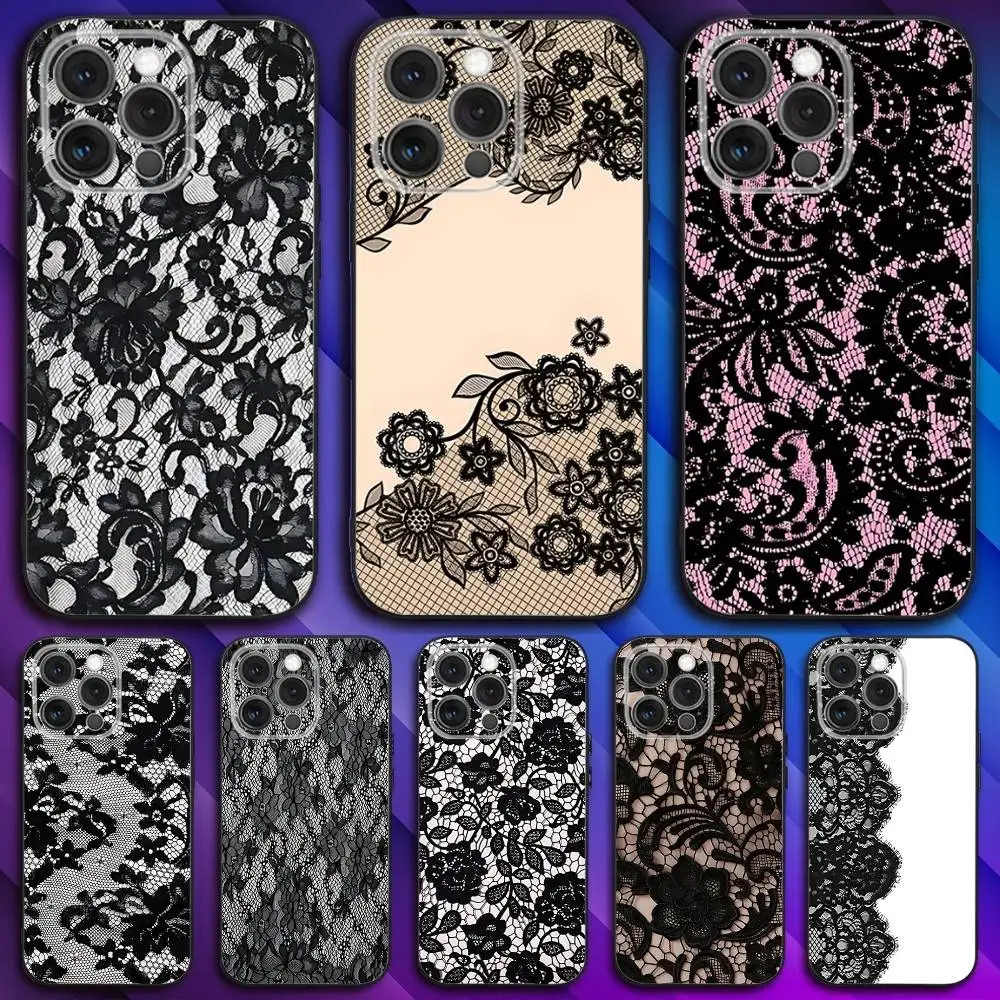 

Black lace print Phone Case For iPhone 17,16,15,14,13,12,11,Pro,Max,Plus,X,XS,SE4,E,Mini,Soft Black Case