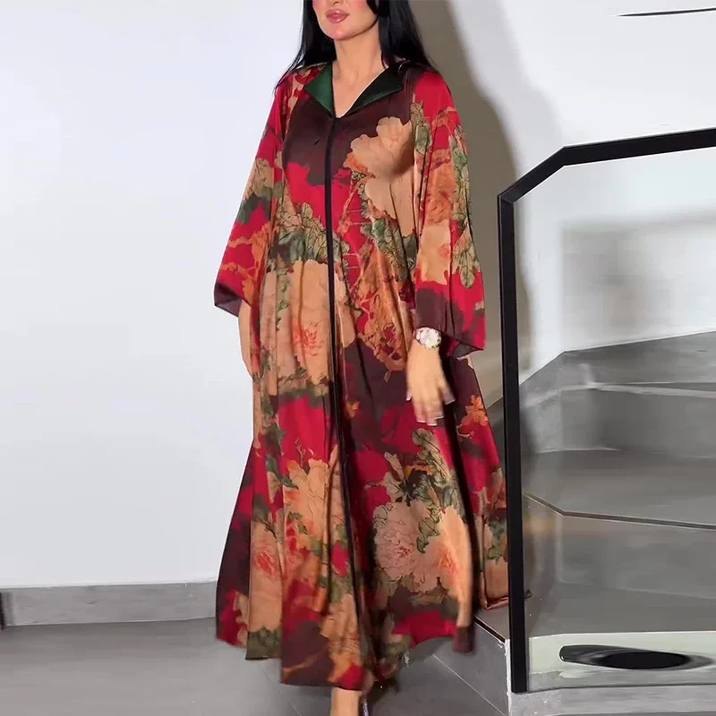 Vestido retrô étnico solto estampado feminino, elegante drapeado moda, estampa de flores de lapela sob medida, vestidos longos Bohe