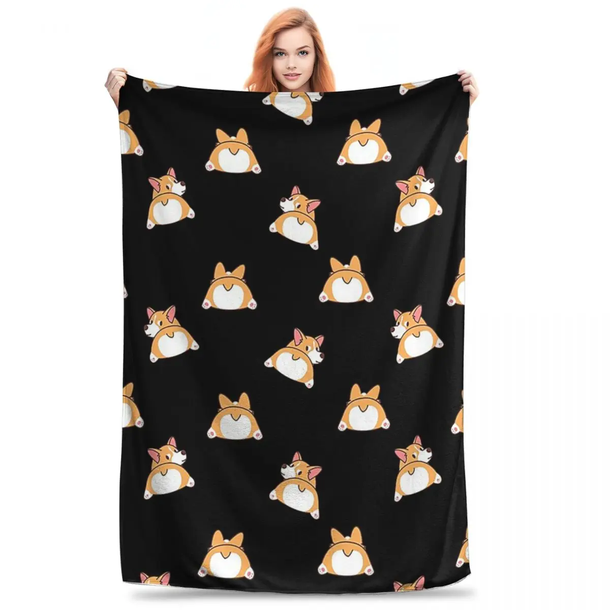 Funny Cute Corgi Butt Pattern Dark Blankets Flannel Throw Blankets Sofa Throw Blanket For Couch Bedding Office Throws Bedspread