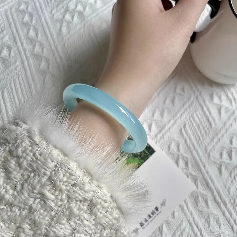 Bracelet Women's Sea Blue Treasure Color Flat Ring Bracelet Fat Round Strip Ice Seed Jade Marrow Bracelet