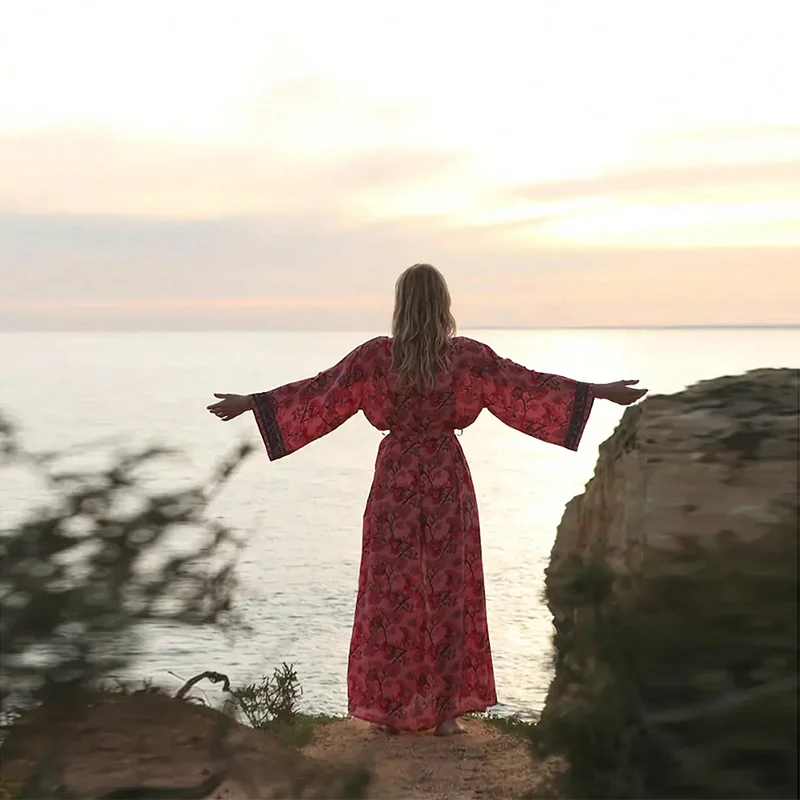 European and American Retro Loose Mid-Length Bohemian Style Printed Kimono Cardigan Summer Beach Vacation Plus Size Cover-Up Bikini Swimsuit Outerwear Tie-Up One-Piece Robe