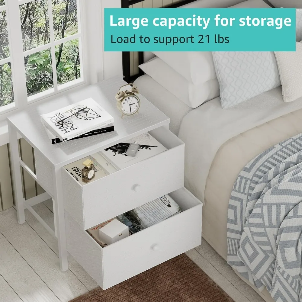 Table de chevet blanche pour chambre à coucher, petite table de nuit avec 2 tiroirs en tissu, table de chevet moderne pour dortoir