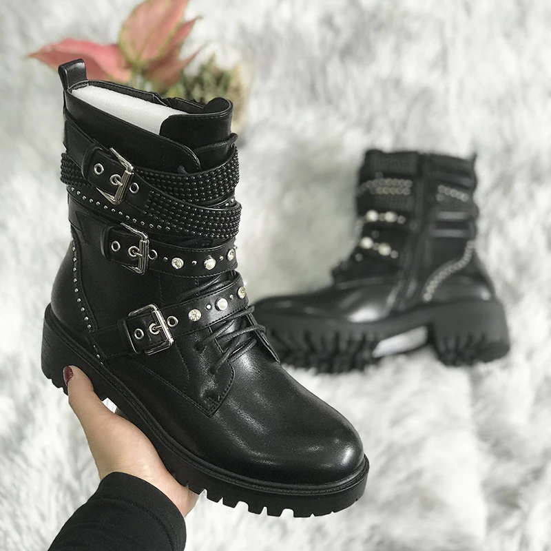 European and American Marten boots side zipper knight mid-tube round toe buckle short boots black women's flat boots flat heel