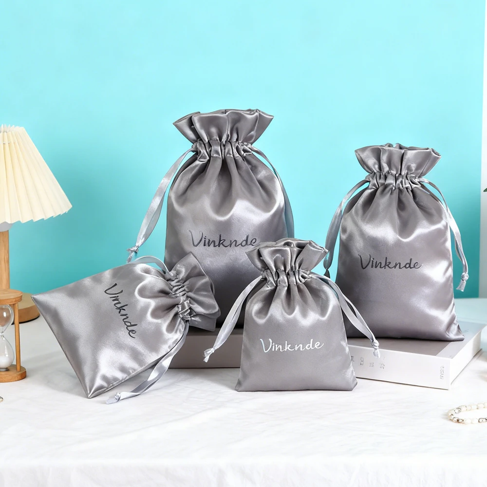 

100Pcs Silver Gray Custom Logo Satin Drawstring Gift Packaging Bag Wedding Candy Silk Pouch Earring Bracelet Travel Organizer