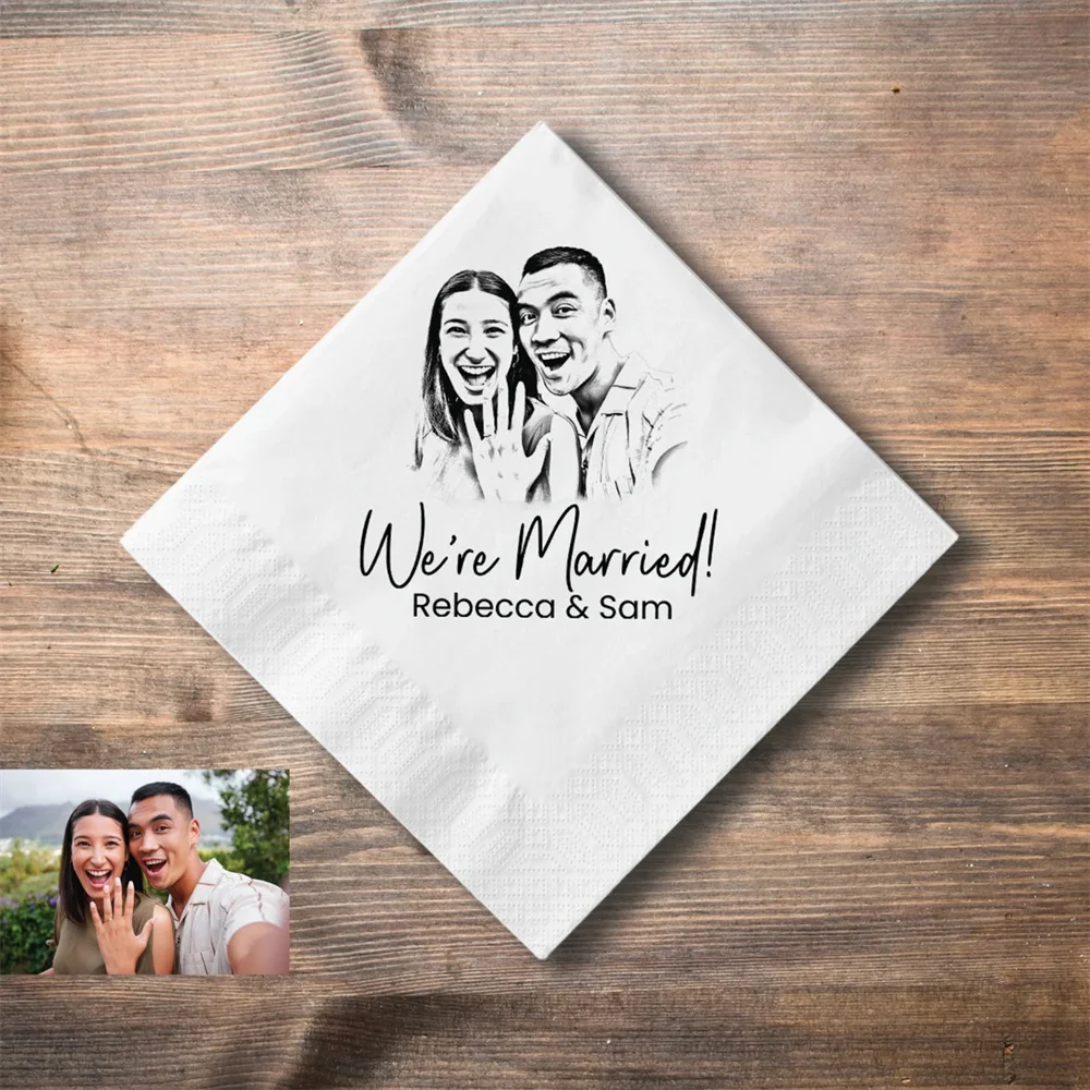 50PCS Personalized Sketched Wedding Cocktail Napkins, Elegant Gifts for Couple, Engagement Party, Custom Paper Cocktail Beverage