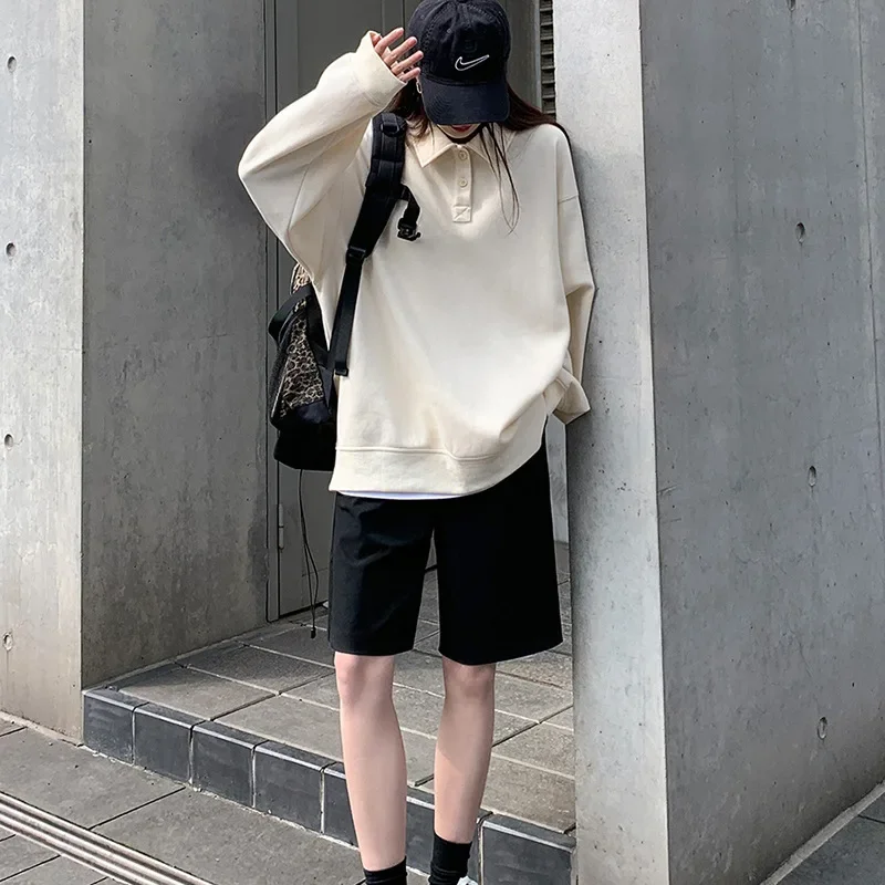 

Turn-down Collar Sweatshirts College Youth Casual Long Sleeve Fashion Solid Color Polo Loose Pullover Korean Spring Autumn Tops