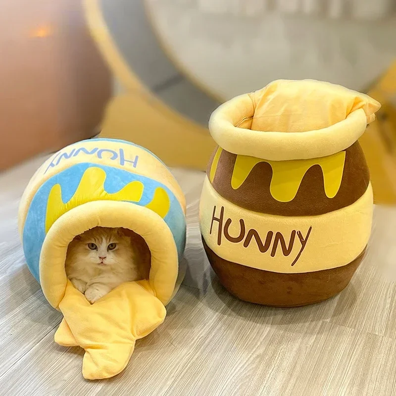 Honey Pot Cat Nest Semi-Enclosed Cute Cartoon Autumn and Winter Fleece-Lined Warm for Cats and Dogs Pet Bed