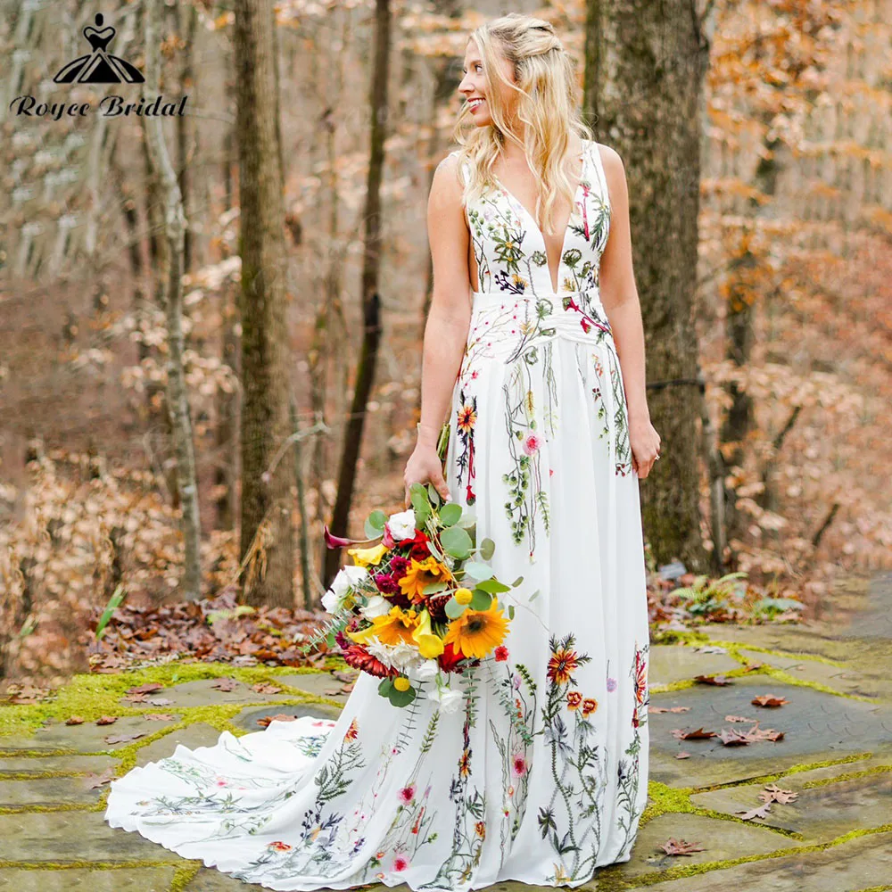 Jardim elopement flor flor silvestre colorido único vestido de casamento floral para mulher 2025 vestido de noiva bordado personalizado