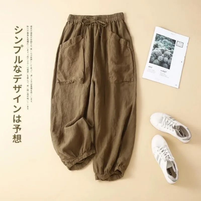 Women Cotton Linen Harem Pants Elastic Waist Drawstring Pockets Loose Fit Cropped Casual Trousers For Summer