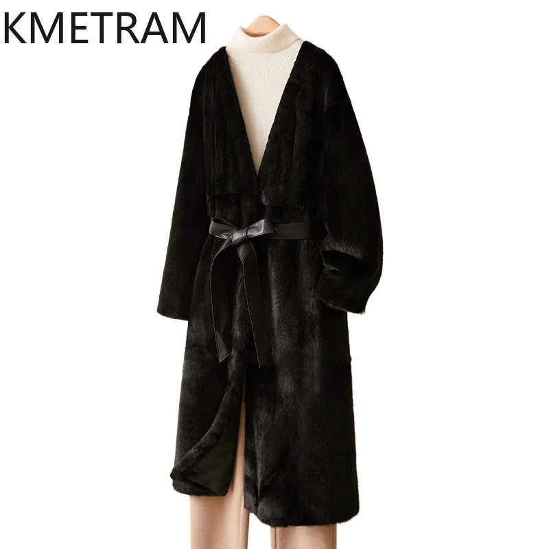 

KMETRAM 100% Mink Fur Jacket Woman Black V-neck Long Real Fur Coat 2025 Winter New in Outerwears Women Clothing шуба женская