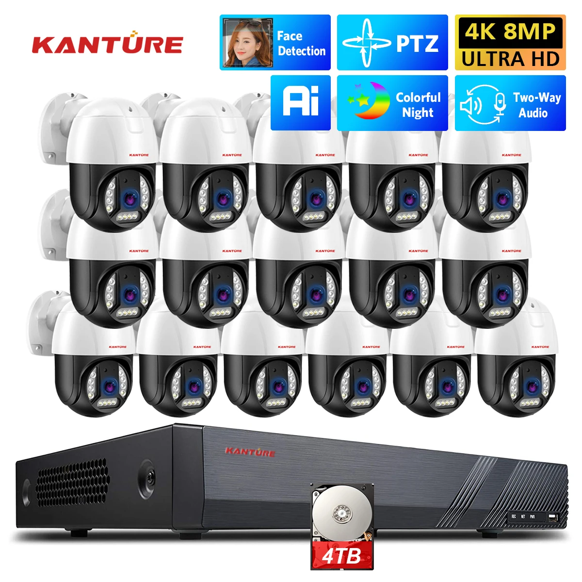 XMEYE 16CH POE NVR Kit 4K PTZ Security Camera System 8MP Ai Face Detect Two Way Audio Waterproof Colorfull Night Vision Camera