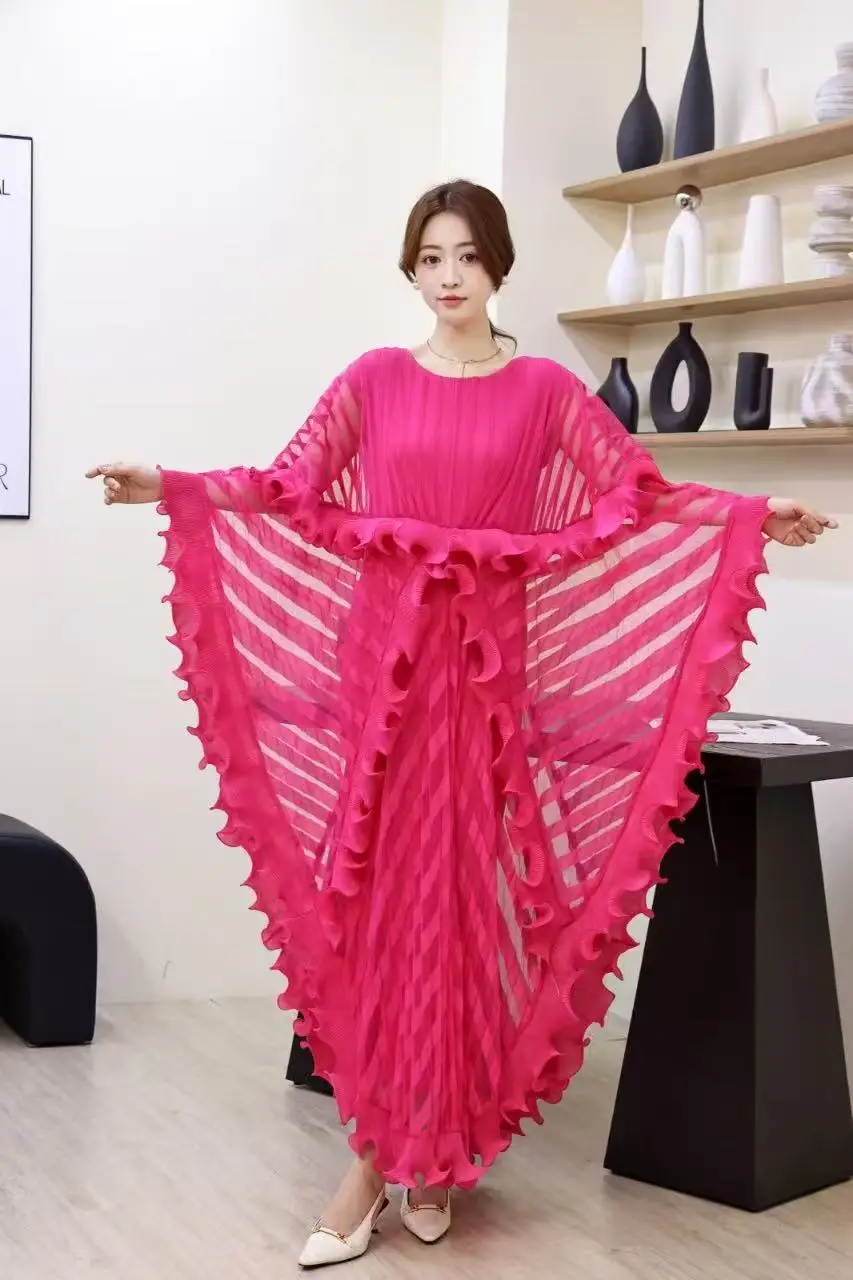 2025 Summer French Women's Clothing Fungus Edge Mesh Fake Two Irregular Design Pleated Long Dress Versatile