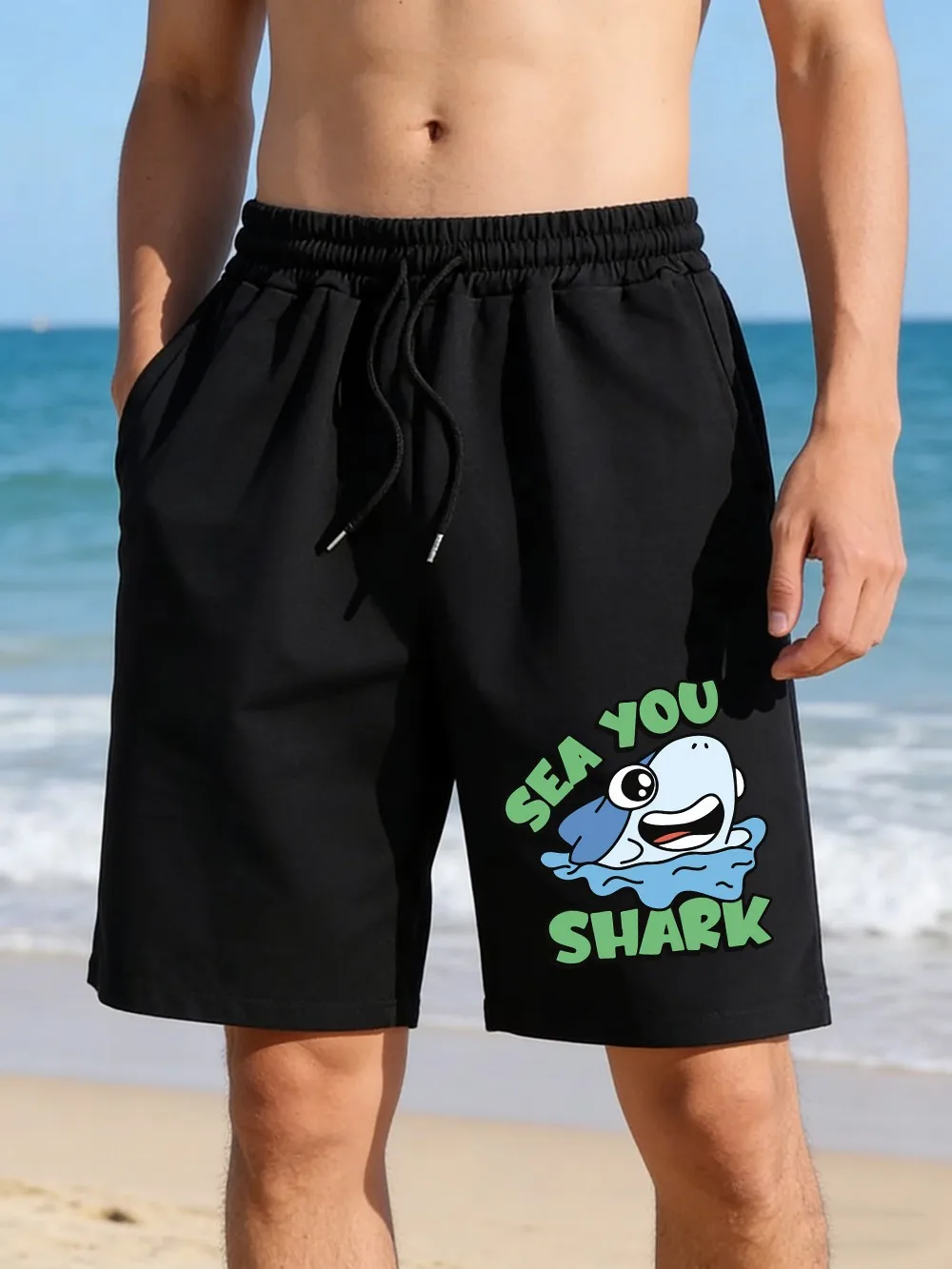 

Мужские спортивные шорты Sea You Shark с принтом, широкие пляжные шорты с карманами, базовые шорты с высокой талией, летняя одежда оверсайз для мужчин