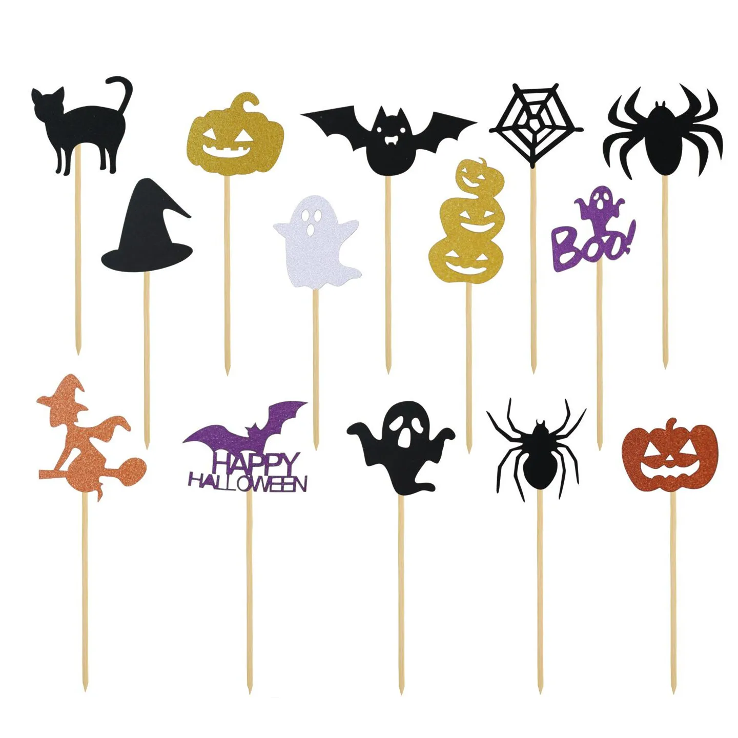 14pcs/lot Cupcake Topper Happy Halloween Witch Ghost Spider Web Cat Bat Cake Flags Boo Halloween Pumpkin Party Cake DIY Decor