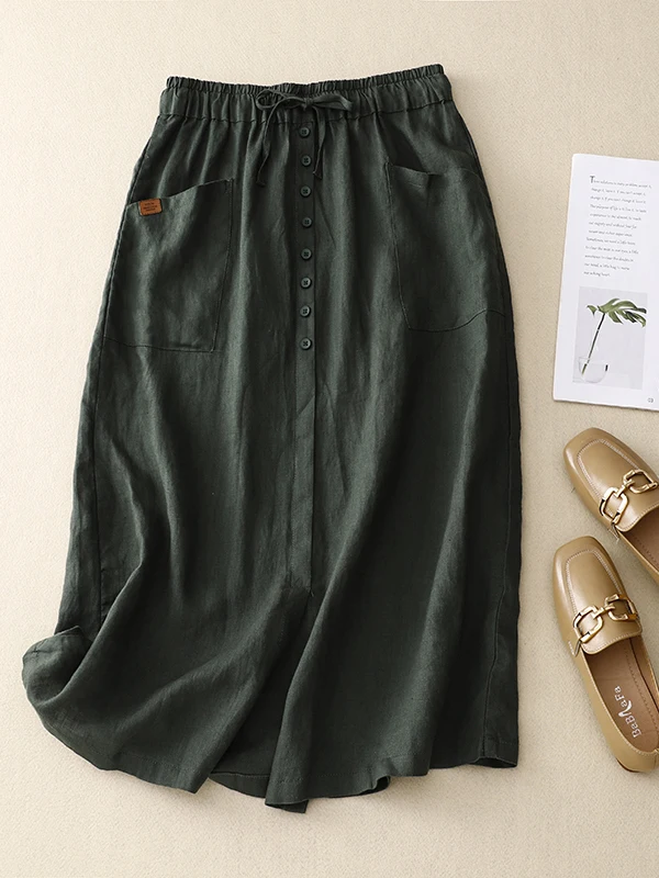 Cotton Linen Asymmetrical Skirt Women's Summer Casual Design Belted Single Button Split A-Line Linen Skirt Korean Style
