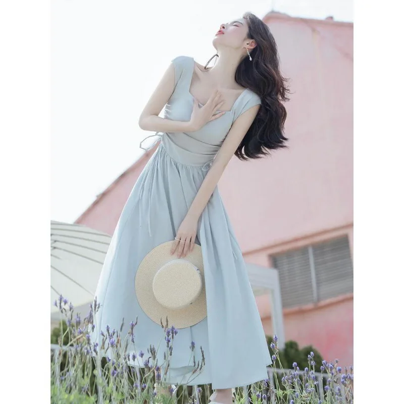 2025 New Hepburn Retro Women Square Collar French Dress Streetwear Temperament Elegant Long High Waist Slim Summer Maxi Dresses