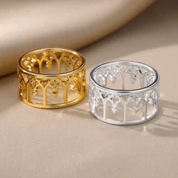 Vintage Palace Hollow Rings for Women Men Stainless Steel Geometric Widen Finger Ring Jewelry Wedding Band Gift 2024 Trendy