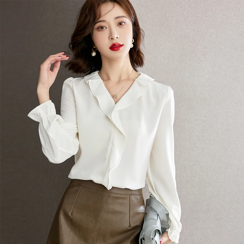 Elegant Womens Tops Ruffled Shirt Long Sleeve Professional Office Shirts Solid Color Top Blusas