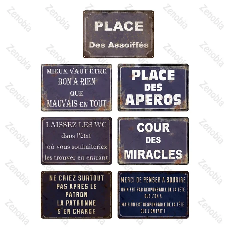 Place Des Aperos Plaque Metal Vintage French Retro Metal Tin Sign Bar Pub Club Wall Decor Iron Painting Decorative Plate