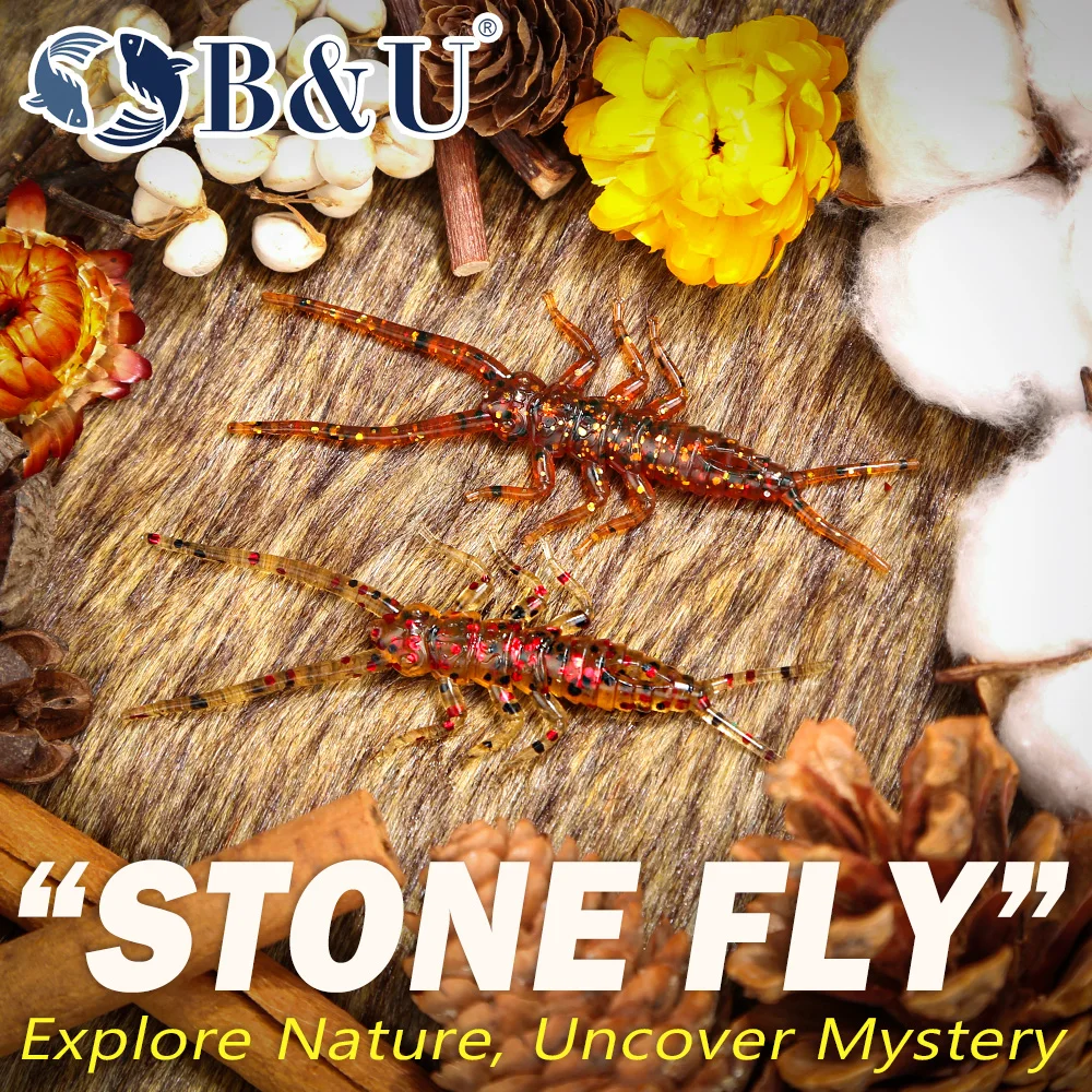 B&U Stone Fly Softköder, Lebensechte Gefleckte Weichplastik-Nymphenköder, Süßwasser-Angelköder für Barsch, Forelle und Zander – Detail 3