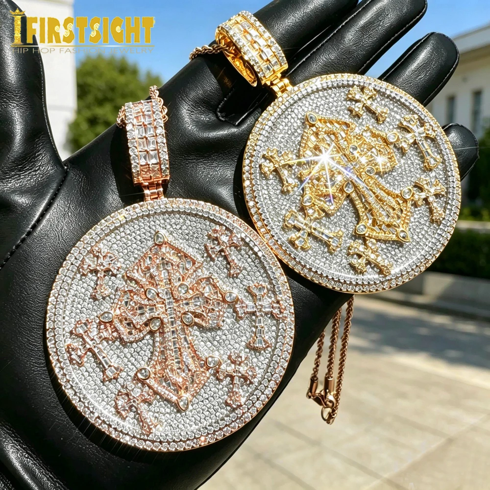 New Iced Out Cross Pendant Necklace Two Tone Color Bling Zircon CZ Heavy Chunky Round Badge Charm Men Fashion Hip Hop Jewelry