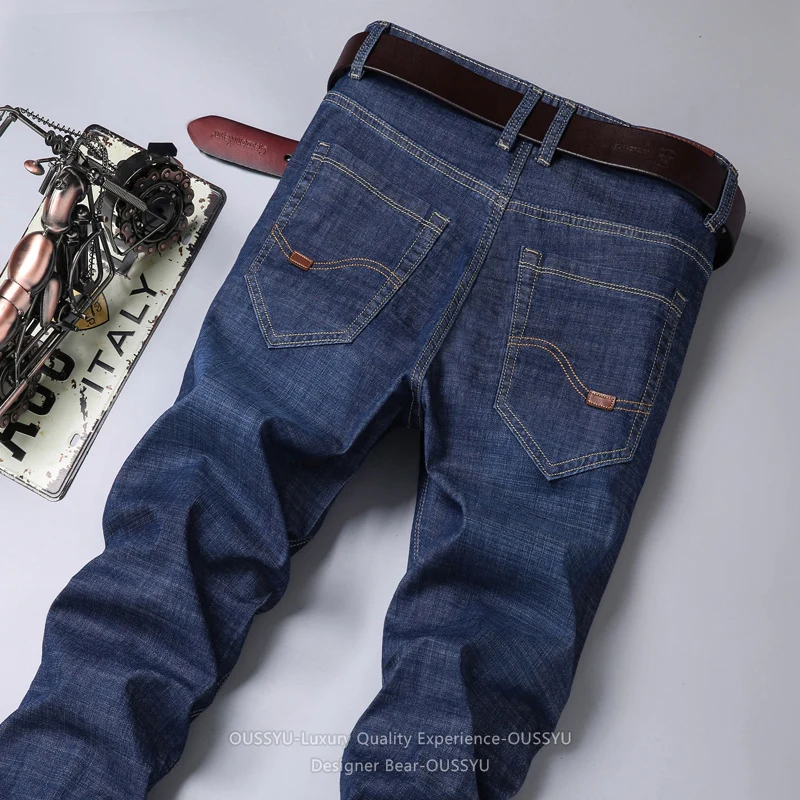 OUSSYU Brand Summer Thin Breathable Jeans Men Cotton Business Slim Casual Denim Pants Work Korea Trouser Plus Size Father's Day