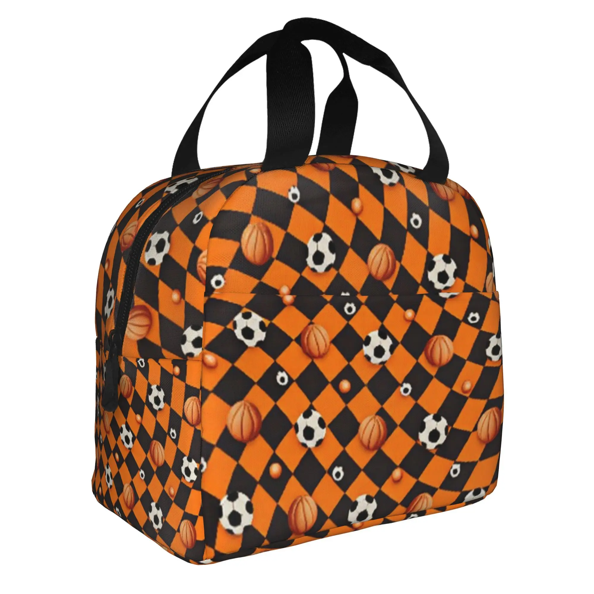 Checkered Basketball Soccer Insulated Lunch Bag for  Portable Football Wavy Distorted Effect  Thermal Cooler Lunch Tote School