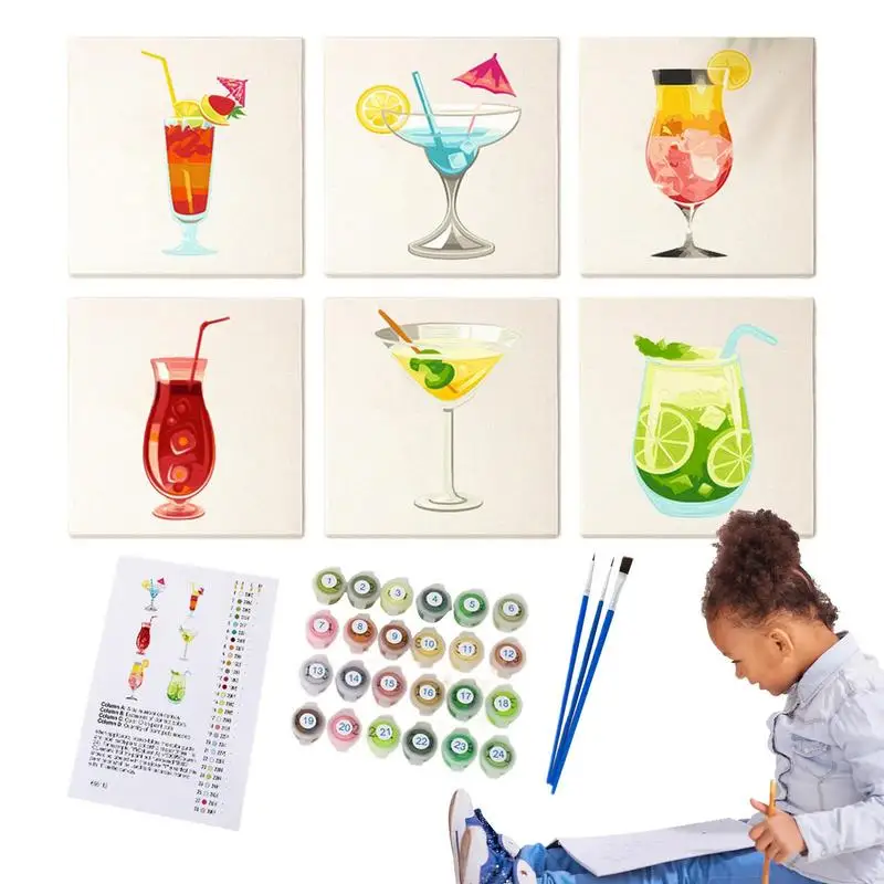 6 ชิ้น Easy Paint By Numbers Kit สําหรับผู้ใหญ่ค็อกเทลภาพวาดสีน้ํามันประกอบด้วยแปรงและสีอะคริลิคสําหรับห้องเรียนกิจกรรม