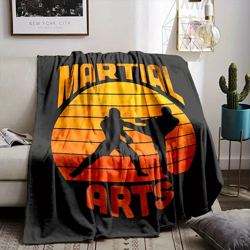 Distressed Retro Martial Arts Combat Silhouette Art Print Flannel Blanket Warm Throw For Lounge Bedroom Holiday Warm Gift