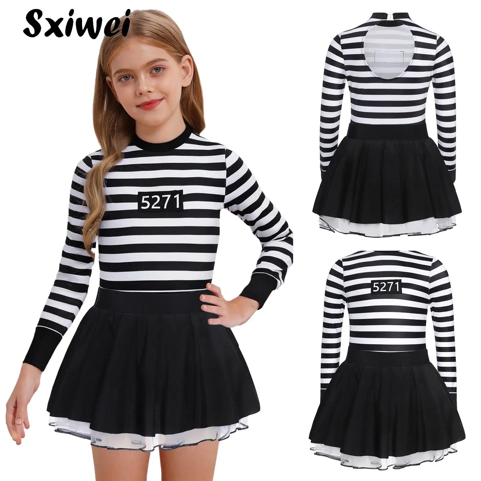 

Girls Striped Puffy Prisoner Dress Long/Short Sleeve Ruffle Skirt Ballet Tutu Dress with Hat Halloween Jailbird Inmate Dress Up