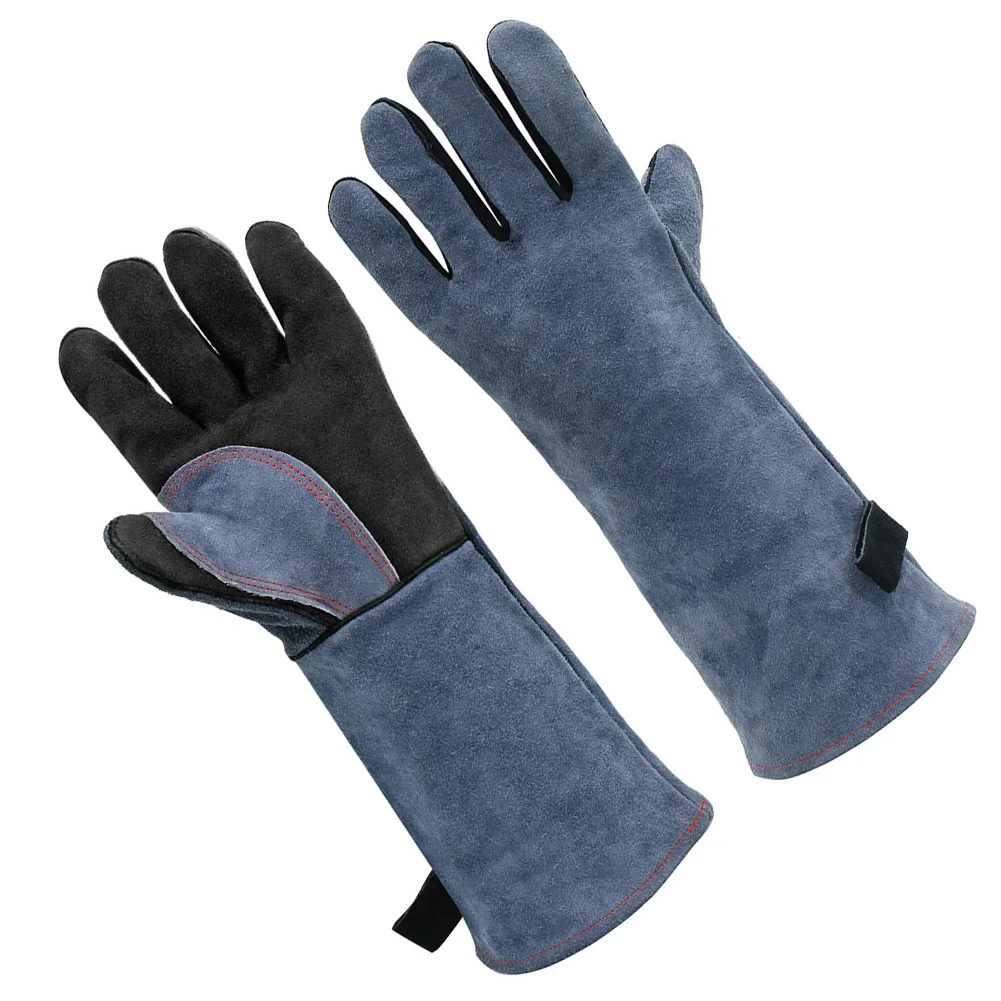 16 Inch Cowhide Leather Welding Gloves for BBQ and Fireplace Use High Temperature Resistant Insulated Labor Protection