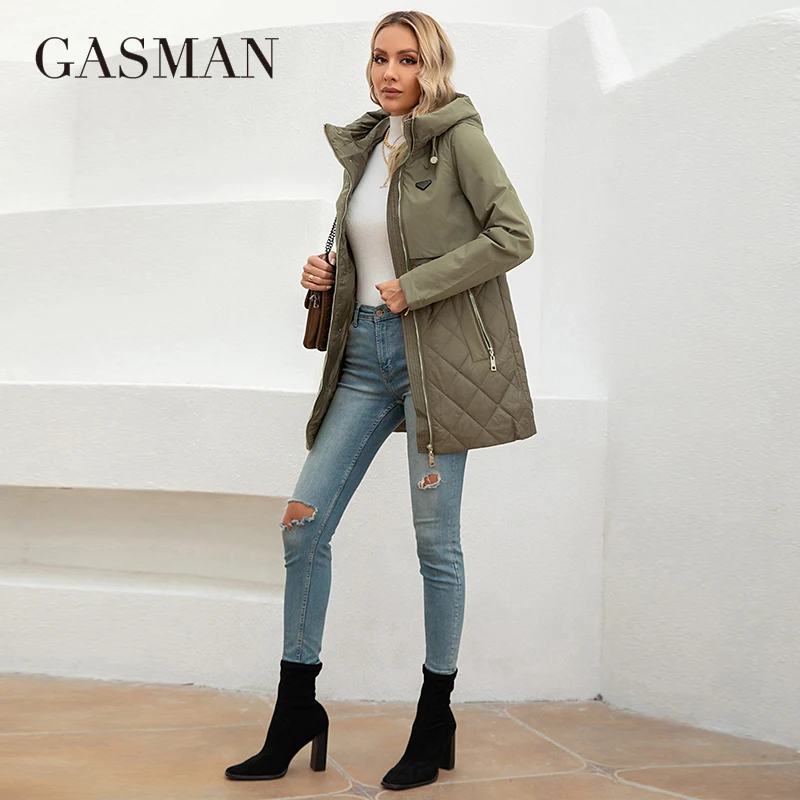 GASMAN New Women Jacket Spring 2023 High-Quality Mid-Length  Women Coat Stitching Hooded Design Windproof Casual parkas 8226