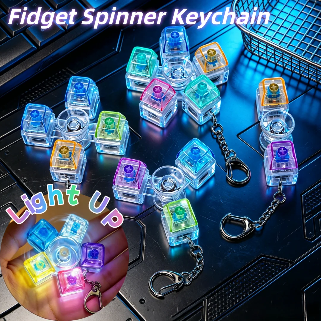 1PC Rotatable Keyboard Fidget Fidget Spinner Keychain Mechanical Axis LED Light Clicker Stress Relief Sensory Therapy Finger
