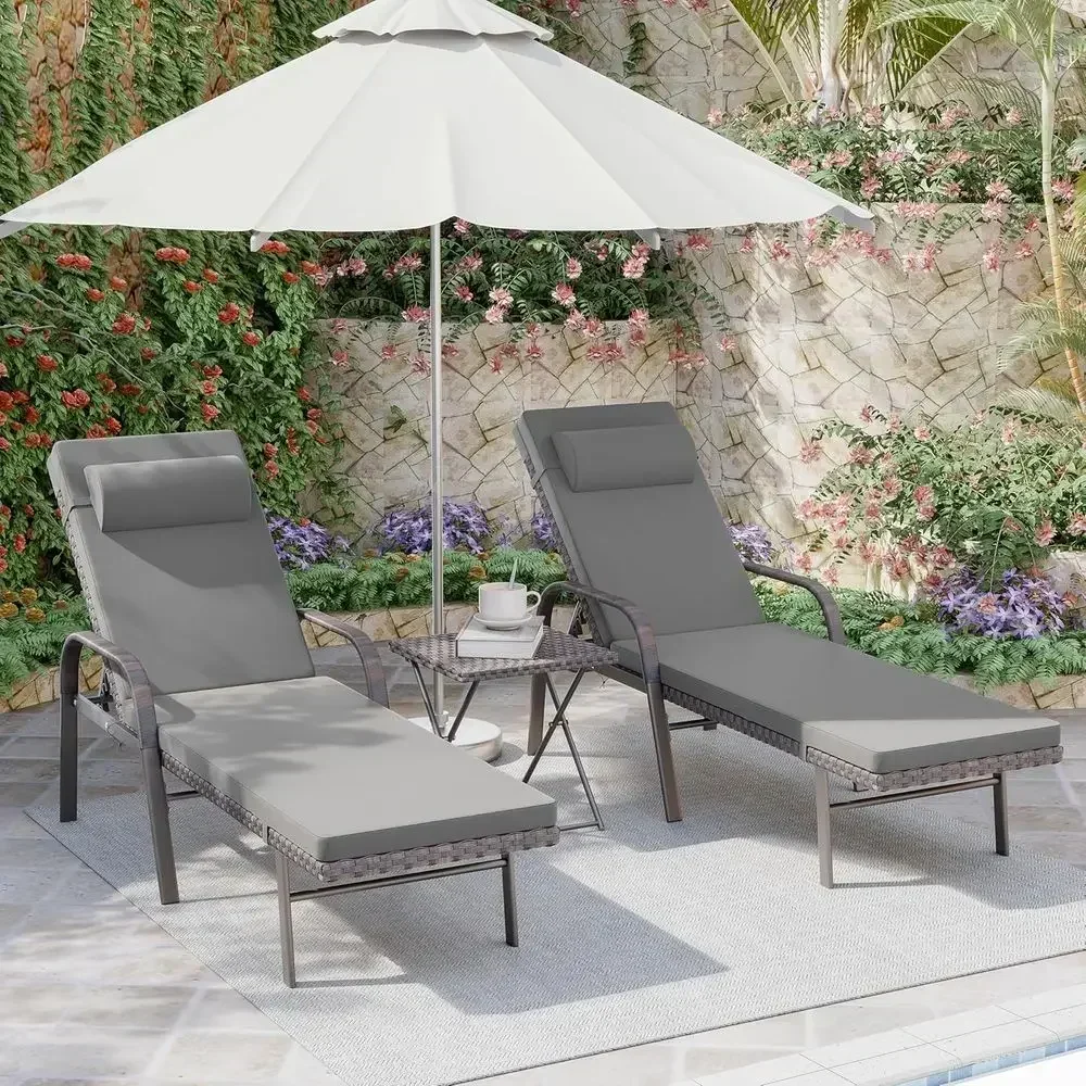 3-Piece Outdoor PE Rattan Chaise Lounge Set with Adjustable Backrest, Table, and Cushion - Grey