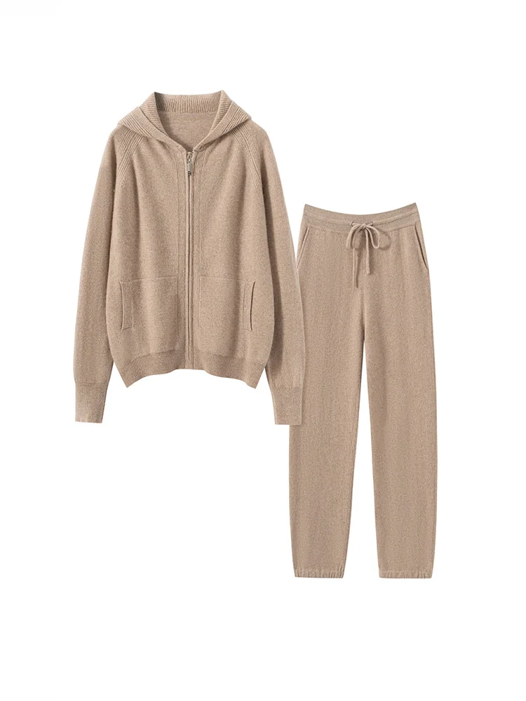 

Women 100% Cashmere Sweater Cardigan Pants Sets Autumn Winter Hooded Zippers Tops Pencil Pants High Waist Soft Knitwear Trousers