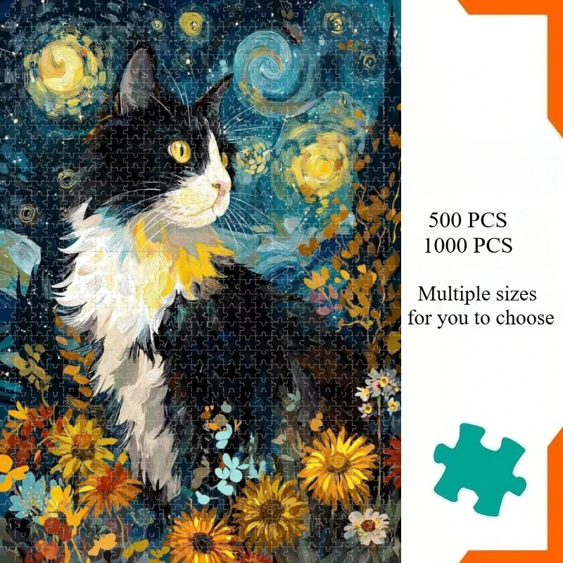 500/1000 PCS Puzzle Starry Night Black and White Cat Jigsaw Puzzles for Challenging Family Activity Games Party Birthday Gift