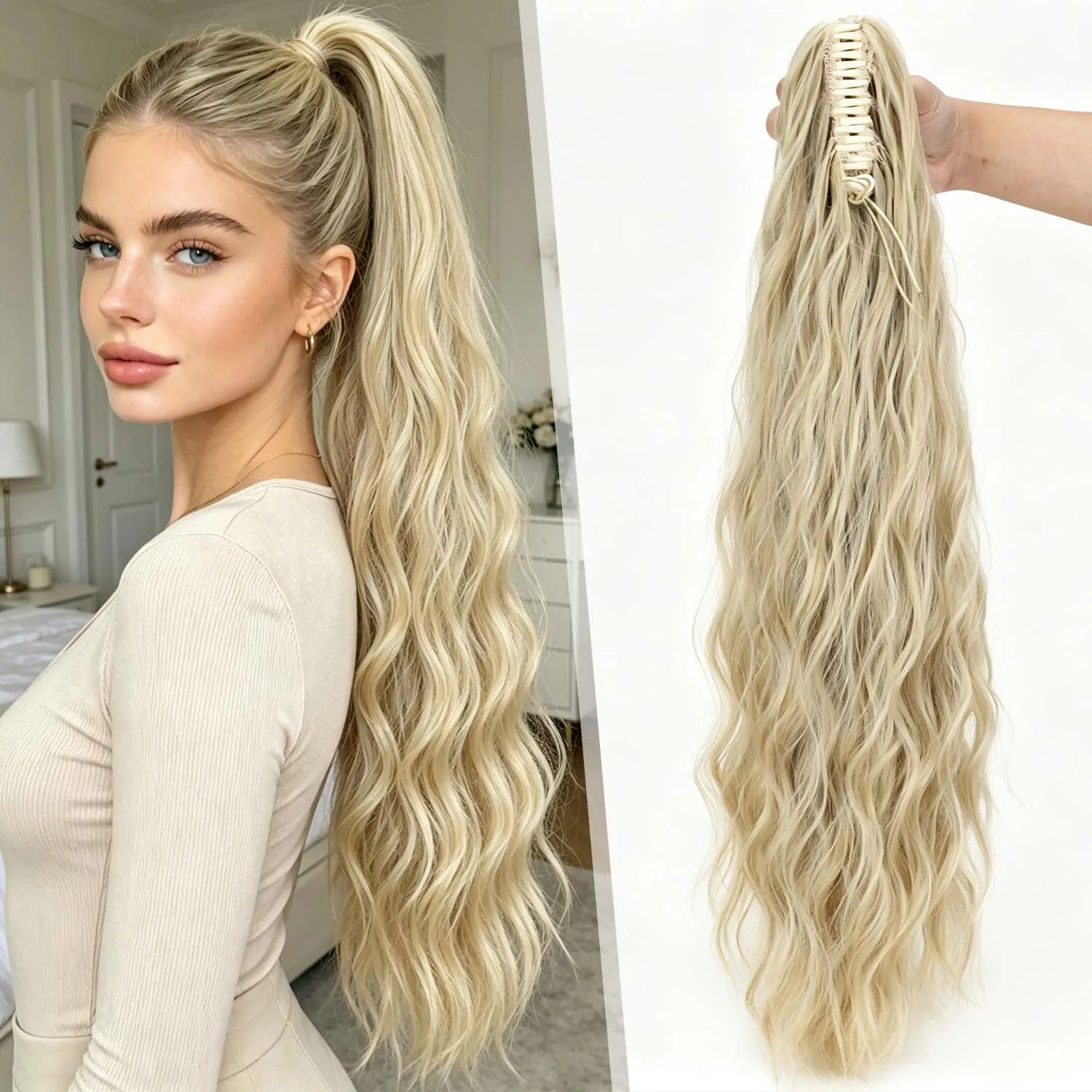 

Synthetic 24Inch Long Water Wave Ponytail Extensions Claw Clip On Ponytail Hairpiece for Women Heat Resistant Pony Tail